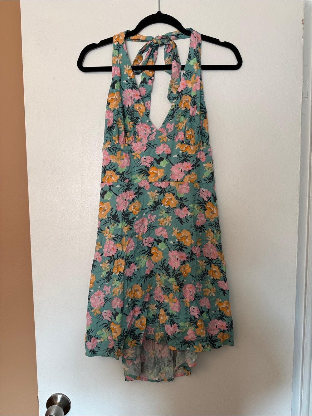 Wild Fable Floral Halter Tie-Back Sundress in Teal with Pink & Yellow Flowers
